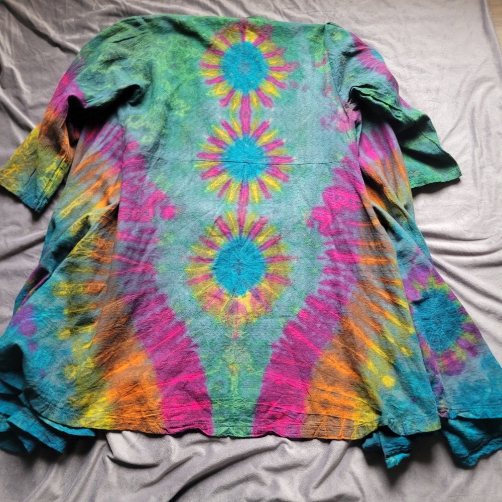 Womens XL Tie Dye Mandala Cardigan Multicolor Cotton Boho Festival Duster OSFA - Picture 4 of 5
